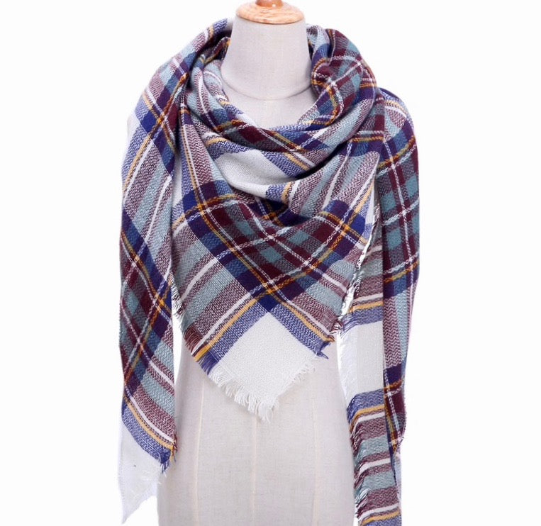 Fall Winter Plaid Acrylic Triangle Scarf - Multicolor with Burgundy and Navy Blue