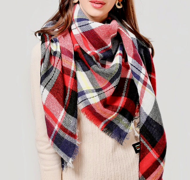 Fall Winter Plaid Acrylic Triangle Scarf - Red/Blue/Black/Yellow