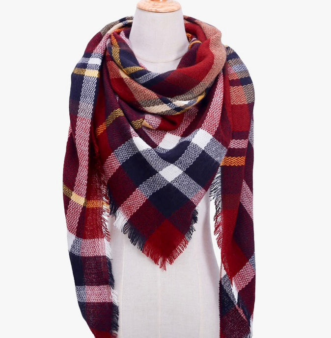 Fall Winter Plaid Acrylic Triangle Scarf - Rusty Red/Black/White